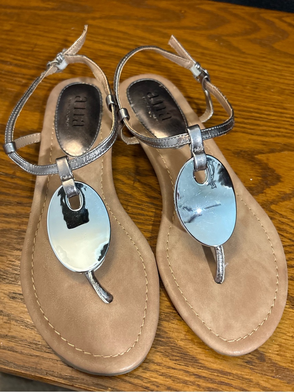 a.n.a Metallic Silver T-Strap Sandals with Tan Footbed